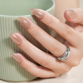 Cat Eye Press On Nails- Jofay Fashion Press On Nails Almond for Gifts, Nude Short Stick On Nails with Glue, Glossy Reusable Nail Tips in 16 Sizes - 32 Soft Gel Fake Nails Kit, Nude Cat Eye