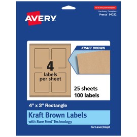 Avery Kraft Brown Rectangle Labels with Sure Feed, 4" x 3", 100 Kraft Brown Labels, Print-to-The-Edge, Laser/Inkjet Printable Labels