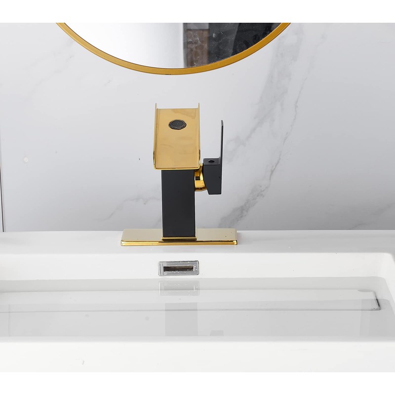 One Hole Bathroom Faucets LED Waterfall Spout Black and Gold