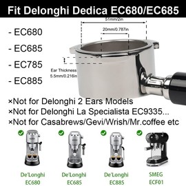 Bottomless Portafilter 51 mm for DeLonghi Dedica EC680/EC685/EC785/EC820/EC850/EC860, with 2 Cups Filter Basket Strainer, with 3 Ears 5.5 mm Thickness