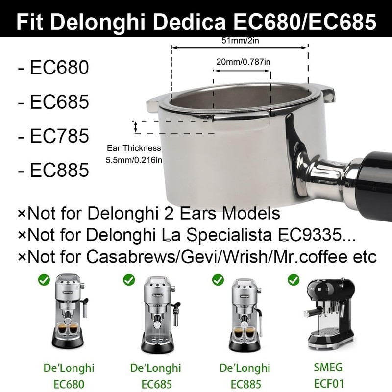 Bottomless Portafilter 51 mm for DeLonghi Dedica EC680/EC685/EC785/EC820/EC850/EC860, with 2