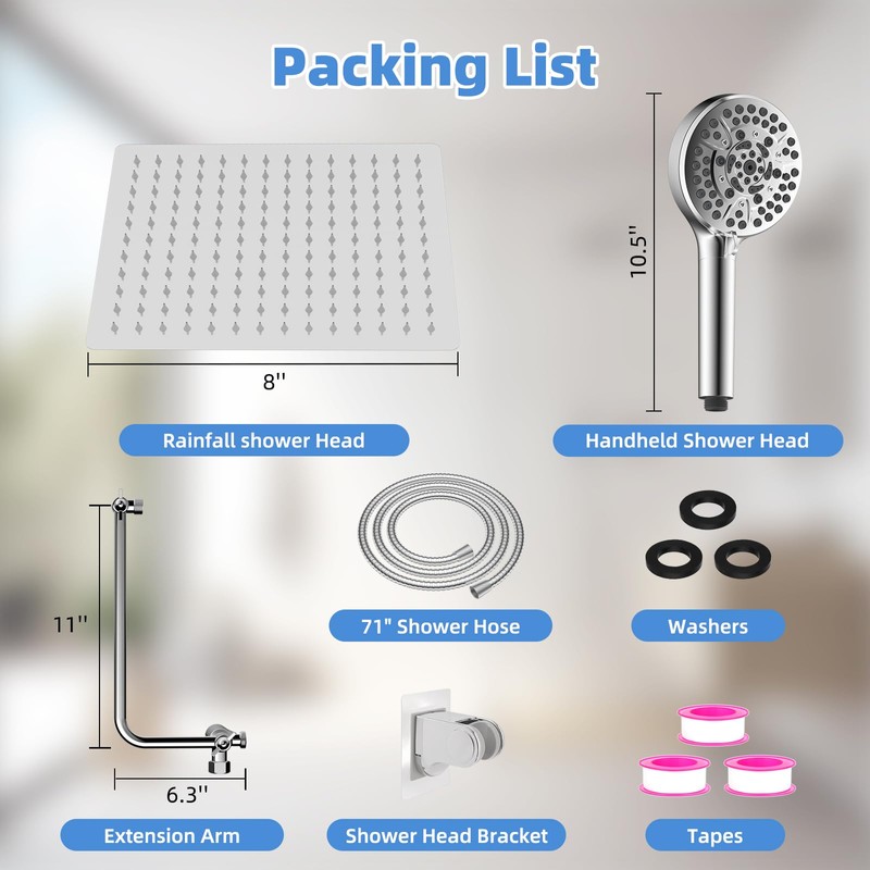 All Metal Shower Head, 8" High Pressure Rainfall/Handheld Shower Combo