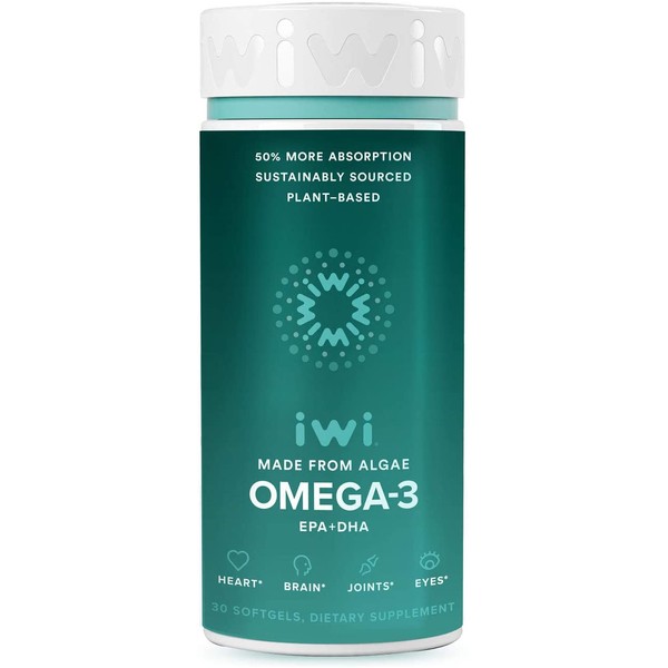 iwi Omega 3 Supports a Healthy Heart, Brain Development, Strong Bones & Joints and Eye Health| Vegan Algae Omega 3, 6, 7, 9 and EPA + DHA | Non-GMO, Gluten Free, Kosher | 30 Day Supply