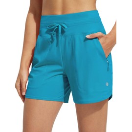 Baleaf - Pantalones cortos de natación para mujer, de 5 pulgadas, cintura alta, secado rápido, UPF 50+, pantalones de natación con forro tipo calzones con bolsillos con cierre, Azul Aqua, Large