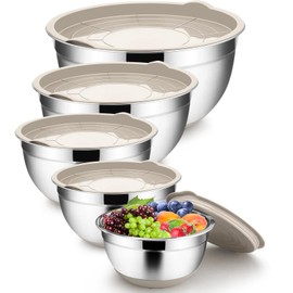 TeamFar Khaki Mixing Bowls, Stainless Steel Metal Nesting Salad Bowls with Airtight Lids Set of 5, Healthy & Heavy Duty, Non-slip Bottom & Airtight Lid, 7/3.5/2.5/1.5/1 QT