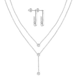 Nelytiya Silver Jewelry Set for Women Dainty,Layered CZ Pendant Necklace Dangle Earrings Chain Bracelet Adjustable,Earrings and Necklaces for Women Hypoallergenic