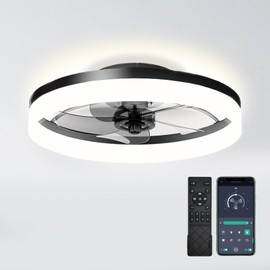 lucilynx 19.7 inch Low Profile Ceiling Fan with Lights and Remote, Fandelier Dimmable Ceiling Fan Flush Mount, 3000K-6500K Bladeless LED Fan Light for Bedroom,Dining Room and Kitchen (Black, 1 Pack)