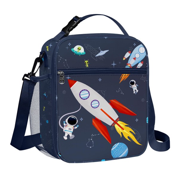 Clastyle Space Rocket Insulated Lunch Bag Children with Bottle Holder, Blue Cool Bag, Small Schools Portable for Boys