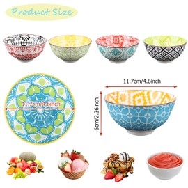 YTDTKJ 6 Pack Small Ceramic Bowls, 10 OZ Small Porcelain Dessert Bowls, Colorful Decorative Bowl for Ice Cream, Snack, Rice, Noodles Microwave & Dishwasher Safe