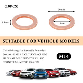 NYTKL 10 PCS Oil Drain Plug Gasket, 14mm Copper Engine Oil Crush Washers OEM PN Part# 007603-014106, Automotive Sealing Drain Plug Gaskets Seals Kit Replacement, Car Accessories