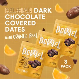 DORREL - Belgian Dark Chocolate Covered Dates (Medjool) with Candied Orange Peels Stuffing, High Energy Vegan Choco Snack, Tasty, Kosher & Non-GMO, Pack of 3 Stuffed Chocolate Dates 7.05 oz / 200 g Ea