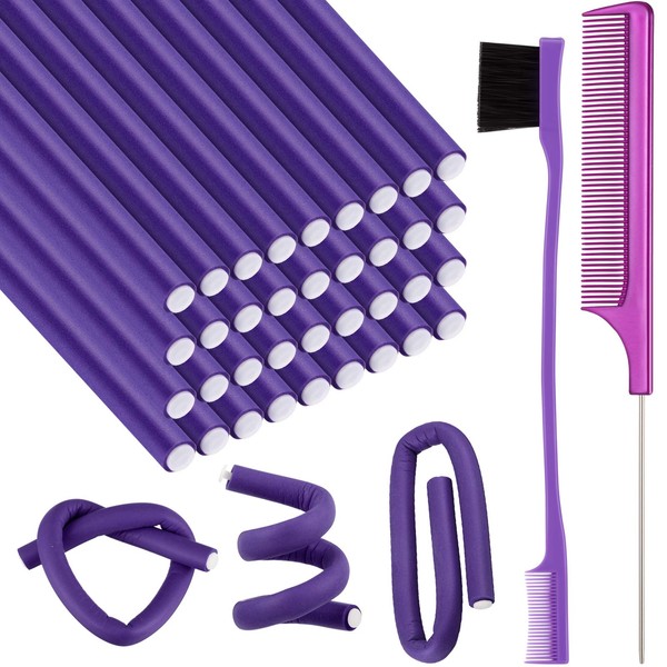36 Pieces Flexible Foam Curling Rods Twist Foam Hair Roller Bendy Rollers Soft No Heat Hair Rollers and Hair Edge Brush Rat Tail Comb for Women Girls Short, Medium, Long Hair (Purple,0.32 x 9.4 Inch)