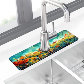 Sink Faucet Absorbing Mat Floral Abstract Oil Painting Sink Splash Guard Faucet Mat Draining Mat Fast Drying Sink Protectors for Kitchen and Bathroom 5.5”×15”