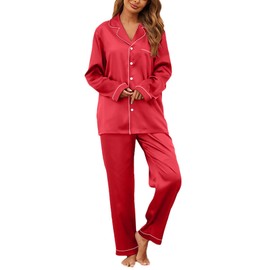 IFFEI 2 Pieces Silk Satin Womens Pajamas Set Button-Down Long Sleeve Girls Pajamas with Pockets XL Red