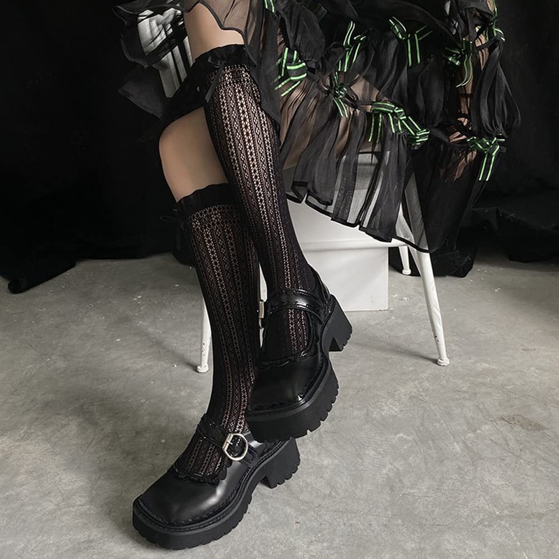 FASELE High Socks, Girls, Crew Socks, Ribbon, Lace, Floral Pattern,