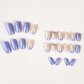 Purple Press on Nails Medium Square Fake Nails French Tip with Glitter Design Rhinestone Glue on Nails Glossy Full Cover Artificial Acrylic Stick on Nails for Women Girls Manicure 24Pcs