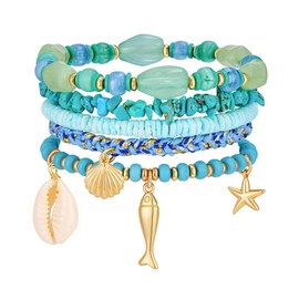 HolidayQbee Shell Bracelet Colorful Summer Bracelets for Women, Turquoise & Gold Bead Bracelets, Shell & Fish Charms, Hypoallergenic, Non-Fading, Perfect for Special Occasions & Everyday Wear