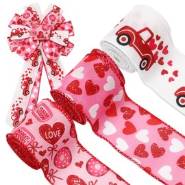 JarThenaAMCS Valentine's Day Wired Edge Ribbons Donut Love Heart Truck Decorative Fabric Wrapping Ribbons for DIY Crafts Wreath Bow Making Supplies, 3 Rolls, 18 Yard