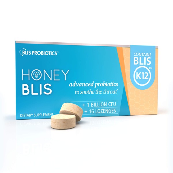 BLIS HoneyBlis Oral Probiotic Throat Lozenges with Soothing Manuka Honey, High Potency K12 Probiotics (1 Billion CFU) to Support Immunity and Manuka Honey to Soothe Sore Throats, 16 Lozenges