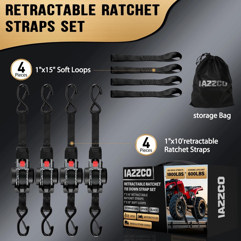 IAZZCO Retractable Ratchet Straps(4-Pack) - 1 Inch × 10 Ft