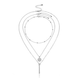 Caiguuer Boho Layered Necklace 3 Pieces Gold Silver Pendant Multilayer Necklace Intervertebral Disc Long Necklace for Women and Girls (Silver, One Size)