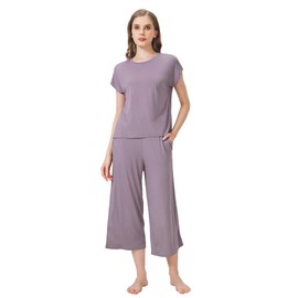 BambooBud Women's Capri Pajama Set Raglan Sleeve Sleepwear 2 Piece Loungewear with Pockets Viscose from Bamboo Pj S-XXL, Violet, Large