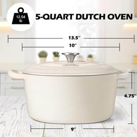 TeamFar 5Qt Dutch Oven, Enameled Cast Iron Dutch Oven with Lid & Dual Handles for Cooking Baking Braising Simmering, Healthy & Sturdy, Oven & Various Stovetops Safe, Non-stick & Easy Clean - Cream White