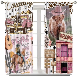 AAVEUP Cowboy Blackout Curtains for Kids,Rural Pink Western Desert Highland Cow Railway Cactus Cowboy Women Guitar Window Drapes Print for Girls Bedroom Living Room 63x72in