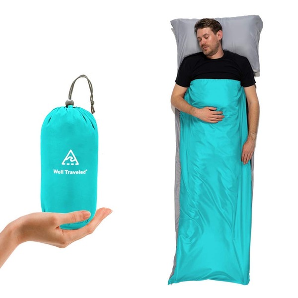 Well Traveled Sleeping Bag Liner, Lightweight Adult Sleeping Sheet for Hiking, Backpacking and Camping, Easily Removable and Washable, Silky Smooth Fabric, Simple to Stuff Sack (Teal (Left Zipper))