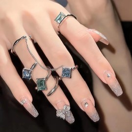 24 Pcs French Tip Press on Nails Long Glitter Fake Nails with Charm Butterfly Rhinestone Glue on Nails Reusable Coffin False Nails for Women Butterflies Acrylic Nails Sets