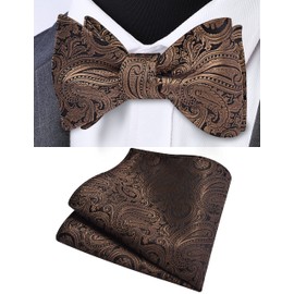 Gusleson Mens Brown Self Tie Bow Tie Silk Woven Paisley Bow tie Handkerchief Set for Wedding (UK0652-27)