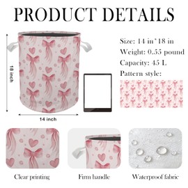 Briblaze Pink Laundry Basket Hamper, Coquette Pink Bow Heart Girly Nursery Laundry Basket Hamper Waterproof Collapsible Storage Bin Organizer for Bedroom Bathroom Kids Girls Room Dorm Clothes Toys