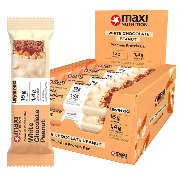 MaxiNutrition Premium Protein Bar - White Chocolate Peanut, 12 x 45g - 33% / 15g Lower-Carb Protein Bar without Sugar Set with White Chocolate, Caramel and Peanuts. 184 kcal, Made in Germany