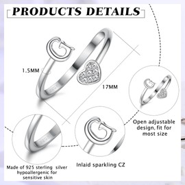 MILACOLATO 925 Sterling Silver Heart Initial Rings for Women Girls 18K Gold Plated Initial Heart Stackable Rings Adjustable Initial Rings for Teen Girls Cute Heart Alphabet Letter Rings