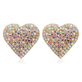 Heart Love AB Crystal Pave Clip On Gold Earrings for Women - PeriFairy Rhinestone Colorful Earrings Non Pierced Jewelry