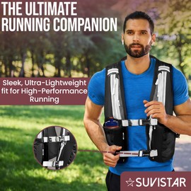 Suvistar 5L Hydration Running Vest - Lightweight, Functional Running Vest Women and Men with 3 Water-Resistant Compartments & Hydration Pack Storage for Long Runs, Hiking & Cycling - Black