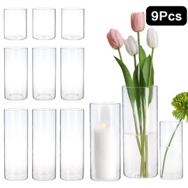 PHOSPHOR 9 PCS Glass Cylinder Vases, 6,8,10 Inch Clear Glass Flower Vase Hurricane Candle Holder for Table Centerpiece for Wedding Home Decor