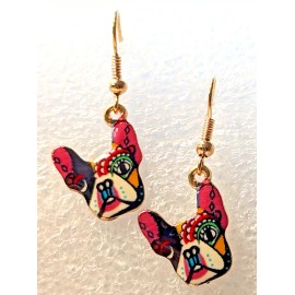Boston Terrier Dog Pink Ears Sugar Skull Enamel Alloy Drop Earrings Jewelry