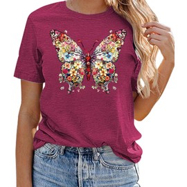 Butterfly T-Shirts for Women Butterflys Flowers Print Shirts Insect Lover Casual Short Sleeved Tops Purple XX-Large