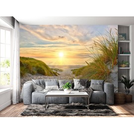 Musihy Sea Beach Tapestry Wall Hanging, 240 x 220 cm, Sea Beach, Grass and Sunset Landscape Wall Hanging Decoration for Living Room, Bedroom & Dormitory, Yellow/Green, Beige