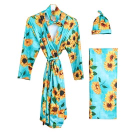 Mommy and Me Robe and Swaddle Set Floral Print Maternity and Baby Matching Hospital Labor Delivery Swaddling Wrap Blanket Dress with Headband Hat for Mom and Girl Boy 4pcs Outfit Blue Sunflower S/M
