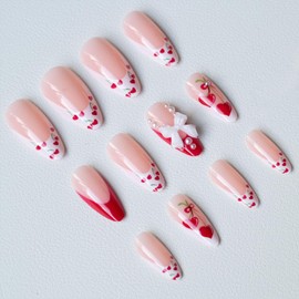 Press on Nails Medium Almond Fake Nails with Heart Bow Pearl Designs Red White French Tip Nails Press ons Nude False Nails Artificial Stick on Nails for Women 24Pcs