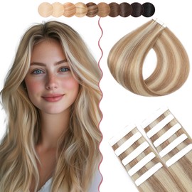 12 Inch SEGO 10 PCS Tape Hair Extensions Real Human Hair Thin Type [#12/613 Golden Brown&Bleach Blonde] Seamless Skin Weft Remy Hair Extension (10g)