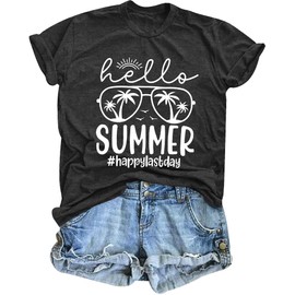 Last Day of School Teacher Shirt: Women Hello Summer T-Shirt School's Out for Summer Happy Graduation Gifts Teacher Tops Dark Grey