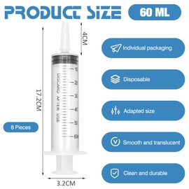 ZOCONE 60ml Syringe 8 Pack Lab Syringes with Cap, Plastic Syringe Disposable 60ml Syringes Individual Sealed, Large Syringe 60ml Feeding Syringe for Pets Liquid Measuring Syringe for Craft Watering