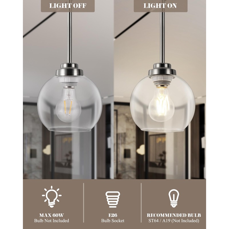 WYNEYET 3 Pack Globe Pendant Light, Brushed Nickel Hanging Ceiling