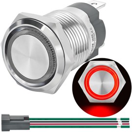 UL Listed 15Amp Latching Push Button Switch 16mm Waterproof IP67 12V-24V DC/AC 1NO SPST On Off with Red LED Light Stainless Steel 304 with Wire Socket