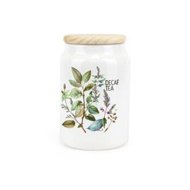 Watercolour Herbs Ceramic Decaf Tea Storage Canister - Country Home Farmhouse Interior Gifts - Kitchen Food Storage Container & Wooden Lid 600ml (14.5cm x 9.5cm)