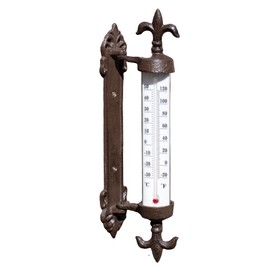 Cast Iron Fleur-de-Lis Wall Thermometer Antique Brown Window Frame Garden Decor, 30.5cm Height