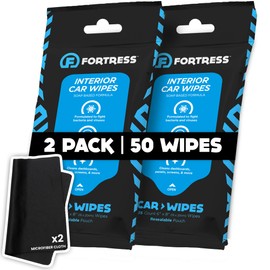 Fortress Car Interior Wipes with Microfiber Cloth (25 ct, Pack of 2) for Car Interior Cleaning, Dashboard, Seats, Detailing, and Steering Wheel [Travel Size] Skin-Safe Car Interior Cleaner Supplies
